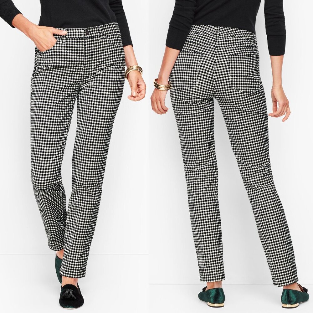 Talbots velveteen high waist straight leg cotton pants black white gingham 4